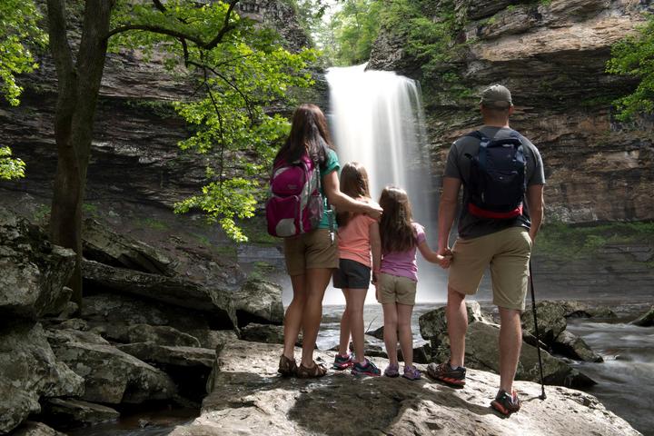 A family with two little girls stand with their backs to the camera facing the Cedar Creek Waterfall.