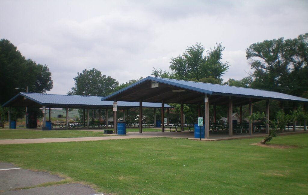 Two large pavilions with long picnic tables.